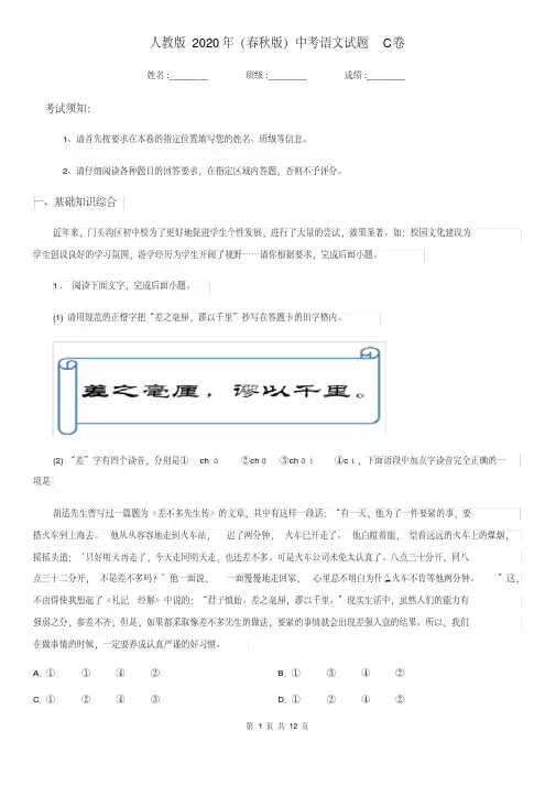 人教版2020年(春秋版)中考语文试题C卷
