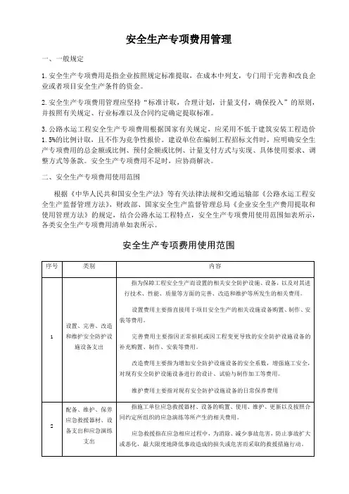 安全生产专项费用使用范围及清单