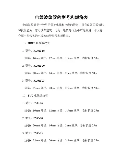 电线波纹管的型号和规格表