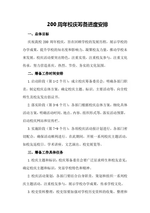 200周年校庆筹备进度安排