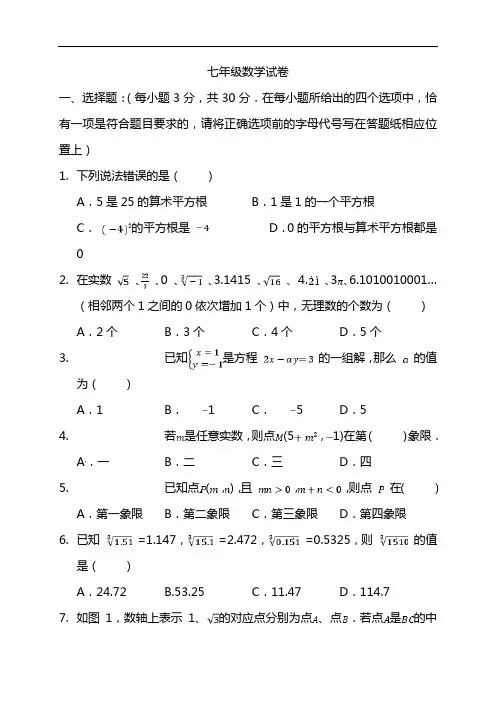 2021年七年级数学下学期4月测试试题含答案