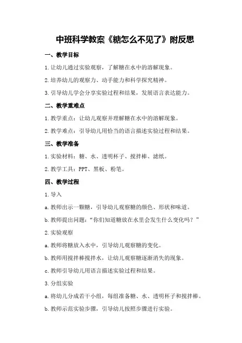 中班科学教案《糖怎么不见了》附反思