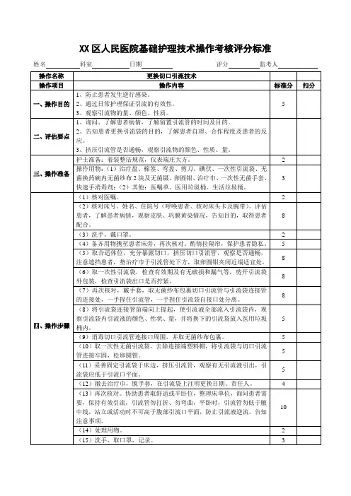 更换切口引流技术操作评分标准