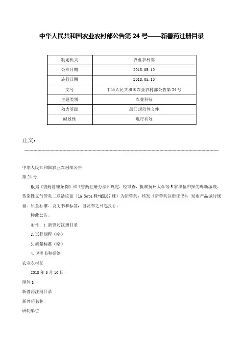 中华人民共和国农业农村部公告第24号——新兽药注册目录-中华人民共和国农业农村部公告第24号