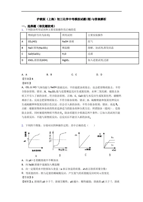 沪教版(上海)初三化学中考模拟试题(卷)与答案解析