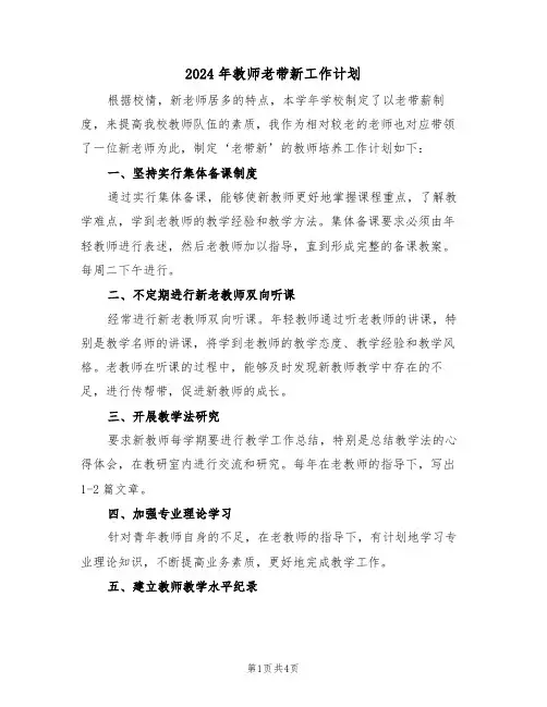 2024年教师老带新工作计划(二篇)