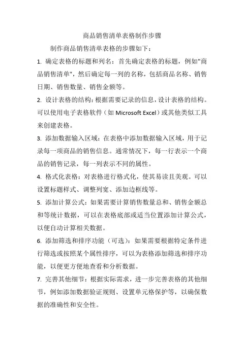 商品销售清单表格制作步骤