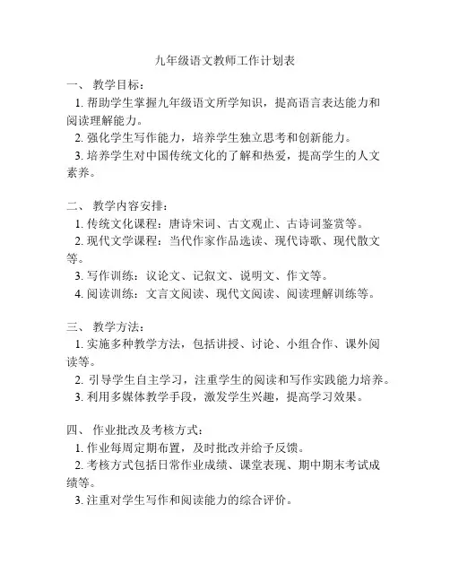 九年级语文教师工作计划表