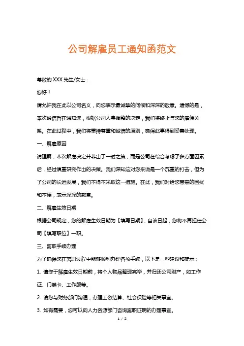 公司解雇员工通知函范文