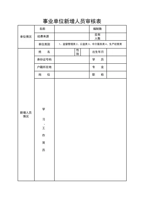 事业单位新增人员审核表