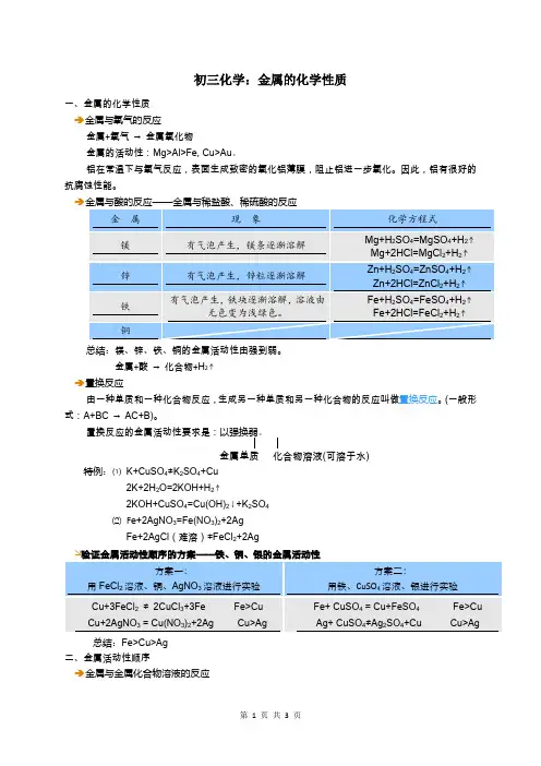 初三化学：金属的化学性质