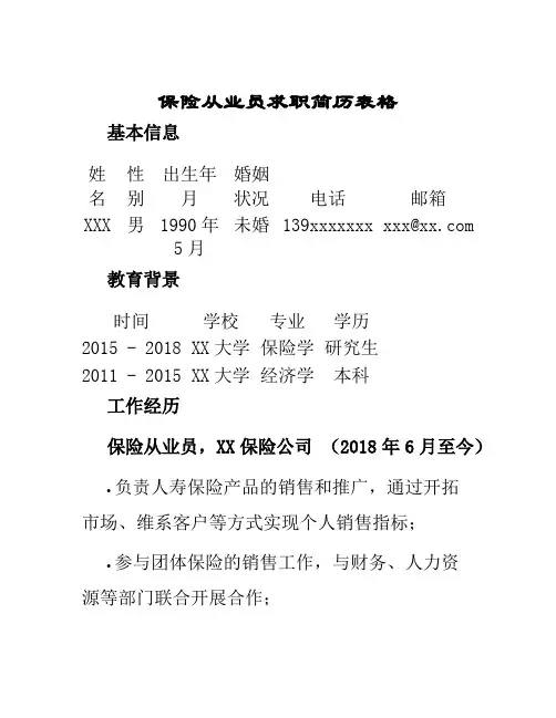 保险从业员求职简历表格