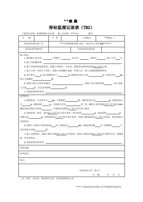 铁路隧道工程监理旁站记录样表