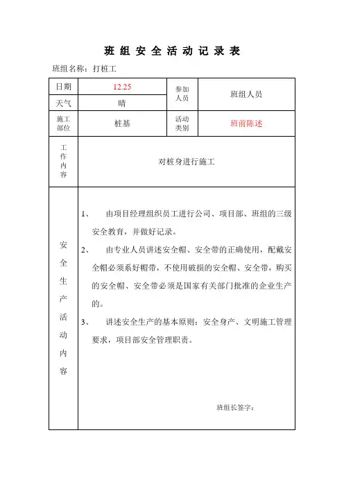 班 组 安 全 活 动 记 录 表