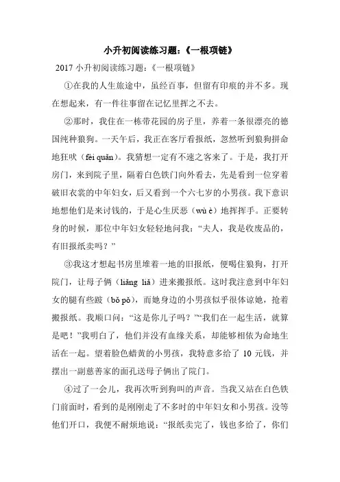 最新整理小升初阅读练习题：《一根项链》