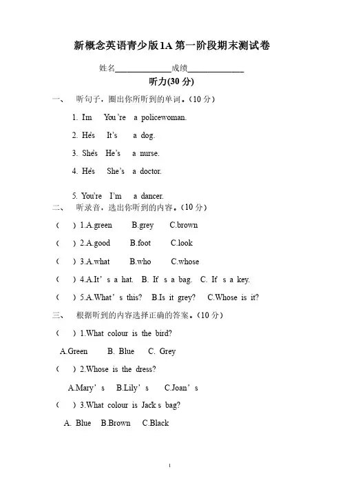 新概念英语青少版1A第一阶段期末测试卷