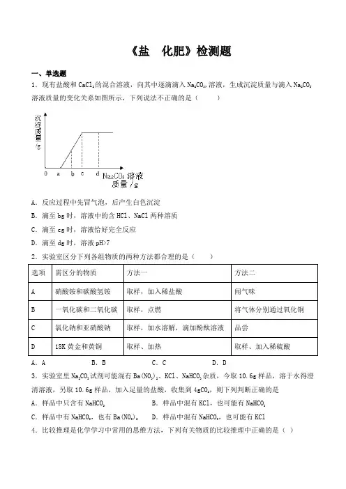 人教版初中化学九年级下册第十一单元《盐 化肥》检测题(包含答案)