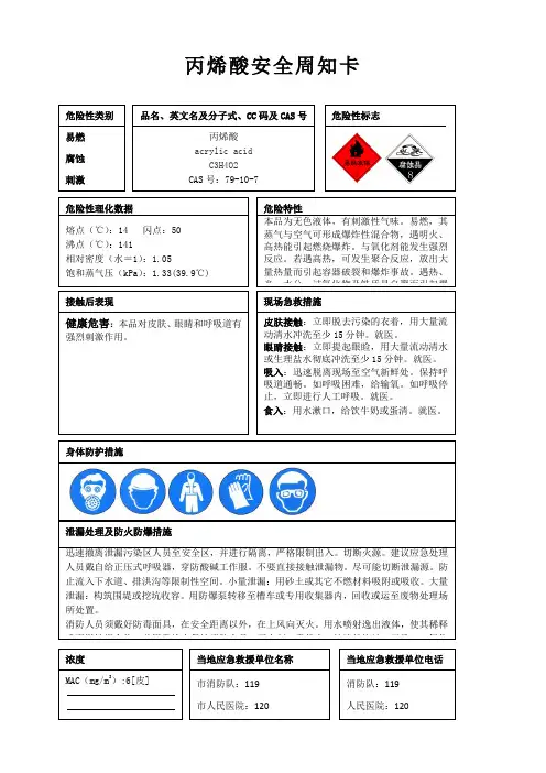丙烯酸安全周知卡、职业危害告知卡、理化特性表