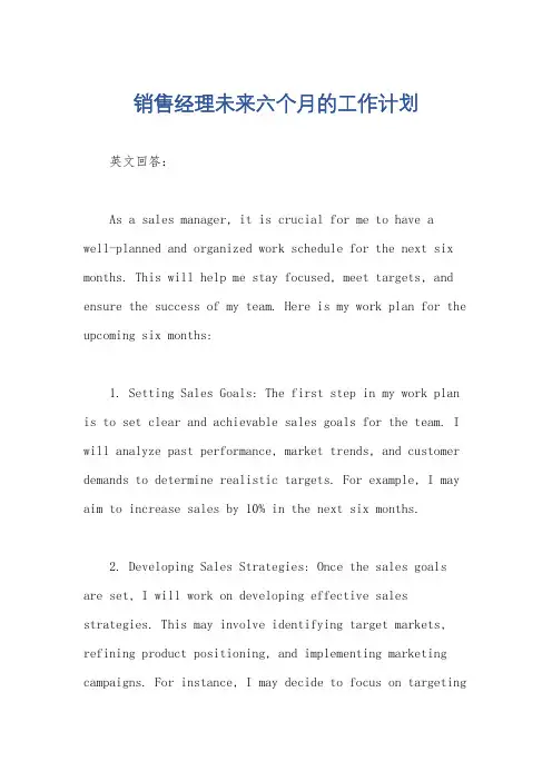 销售经理未来六个月的工作计划