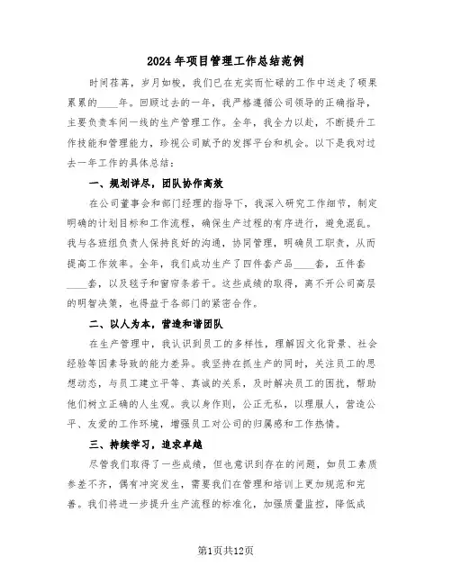 2024年项目管理工作总结范例（六篇）