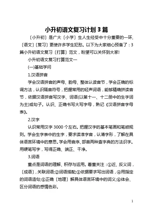 小升初语文复习计划3篇