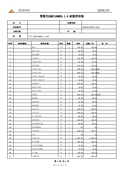 雪佛兰SGM7169MTA的配件价格