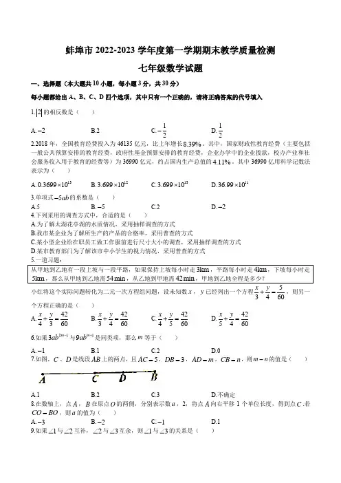 安徽省蚌埠市2022-2023学年度第一学期期末教学质量检测 七年级数学试卷