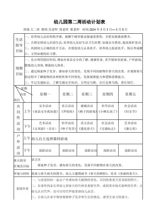 幼儿园大班第二周活动计划表