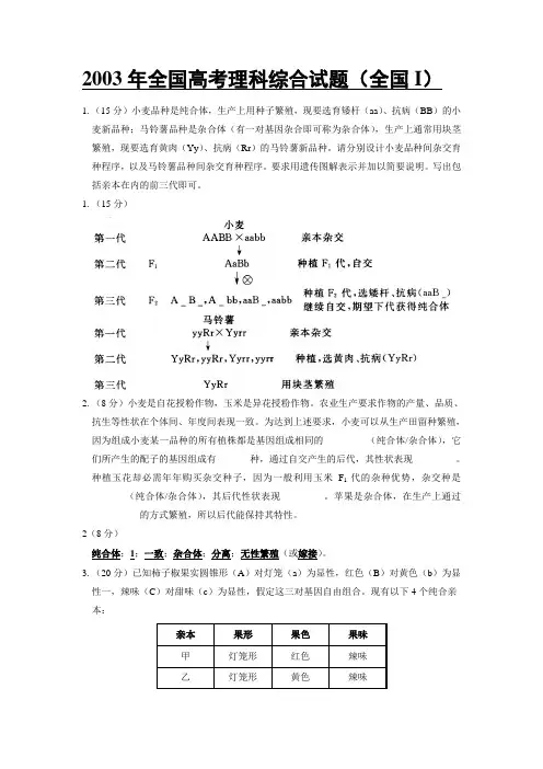 2003年全国高考理科综合试题(全国I)