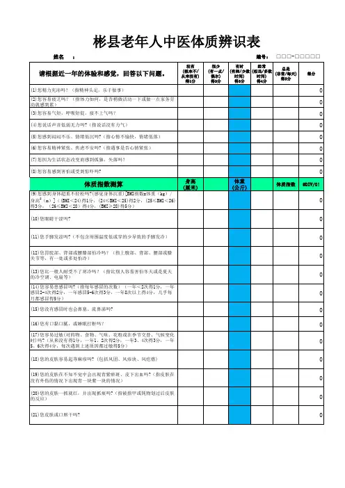 老年人 中医 体质  自动辨识   2016年  excel版