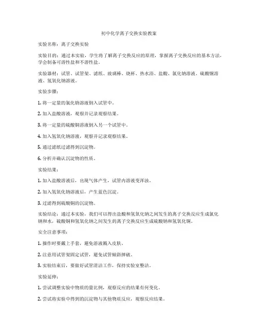 初中化学离子交换实验教案