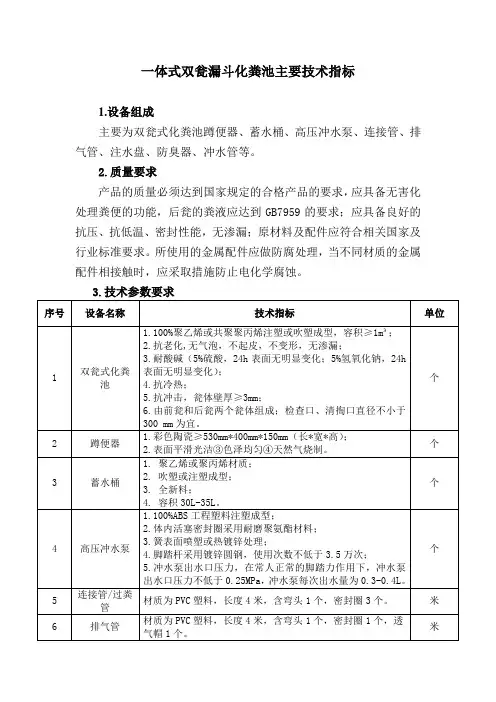 一体式双瓮漏斗化粪池主要技术指标