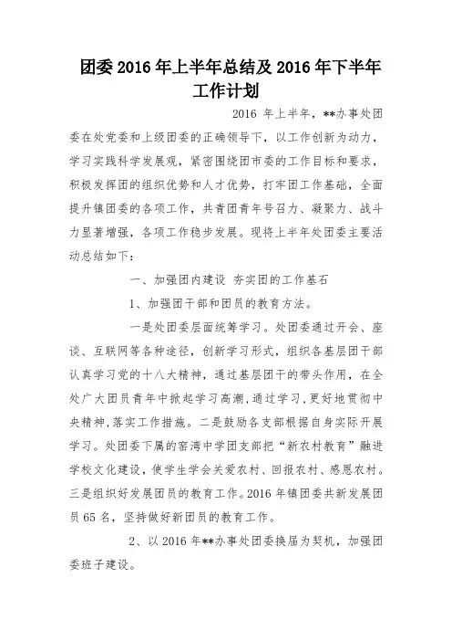 团委2016年上半年总结及2016年下半年工作计划