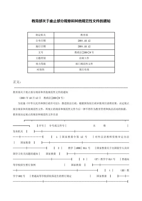 教育部关于废止部分规章和其他规范性文件的通知-教政法[2004]9号