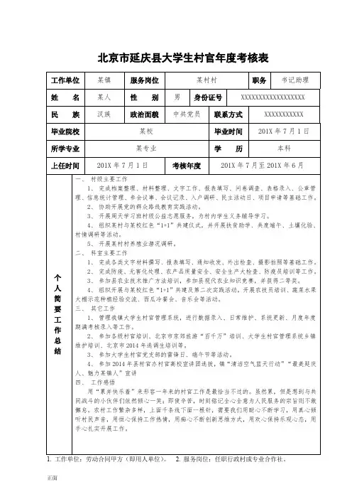 大学生村官年度考核表