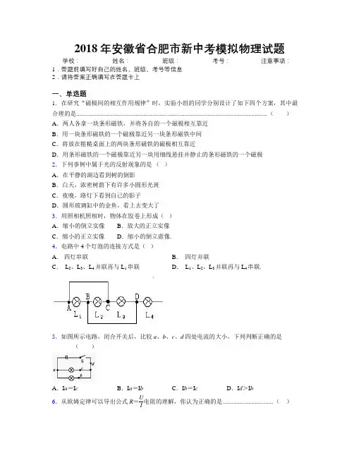 最新2018年安徽省合肥市新中考模拟物理试题及解析