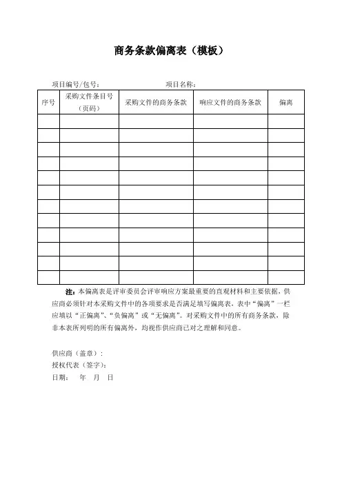 商务条款偏离表(模板)