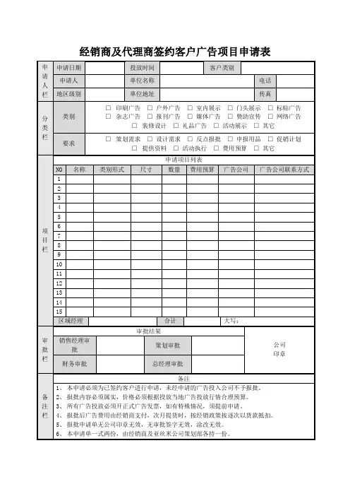 经销商及代理商签约客户广告项目申请表