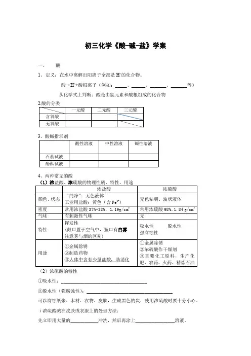 初三化学酸、碱、盐的知识点总结