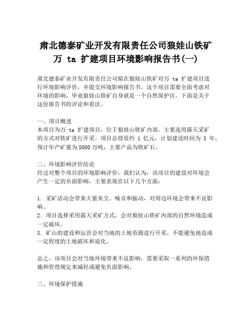 肃北德泰矿业开发有限责任公司狼娃山铁矿  万 ta 扩建项目环境影响报告书(一)