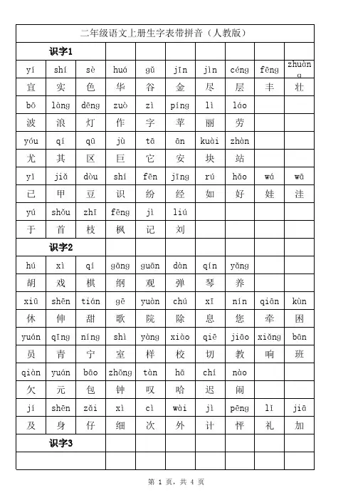 二年级语文上册生字表带拼音 人教版 