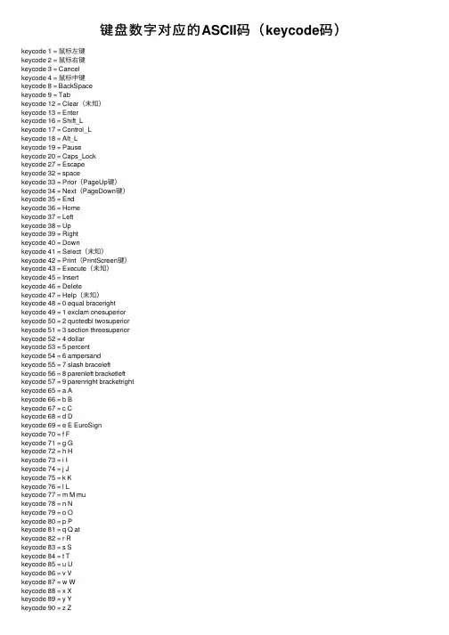 键盘数字对应的ASCII码（keycode码）