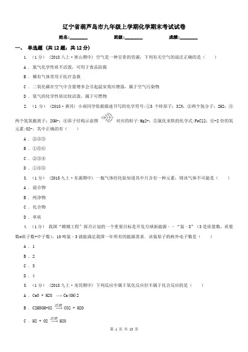 辽宁省葫芦岛市九年级上学期化学期末考试试卷