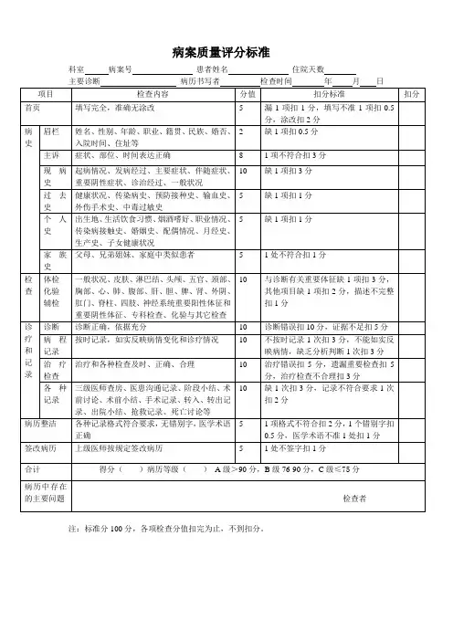 病案质量评分标准