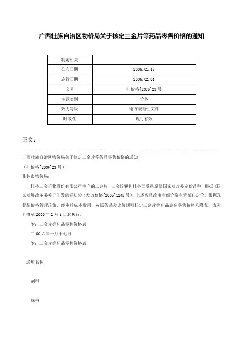 广西壮族自治区物价局关于核定三金片等药品零售价格的通知-桂价格[2006]23号