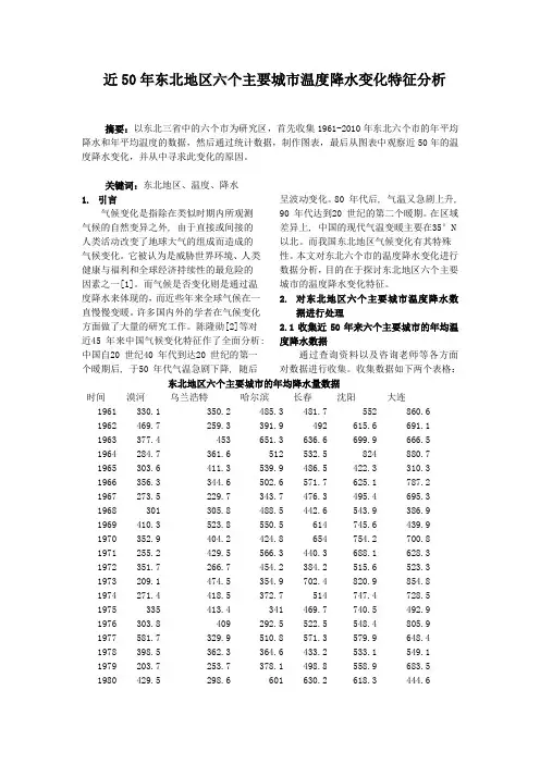 近50年东北地区六个主要城市温度降水变化特征分析