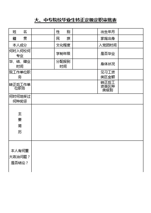 大、中专院校毕业生转正定级定职审批表
