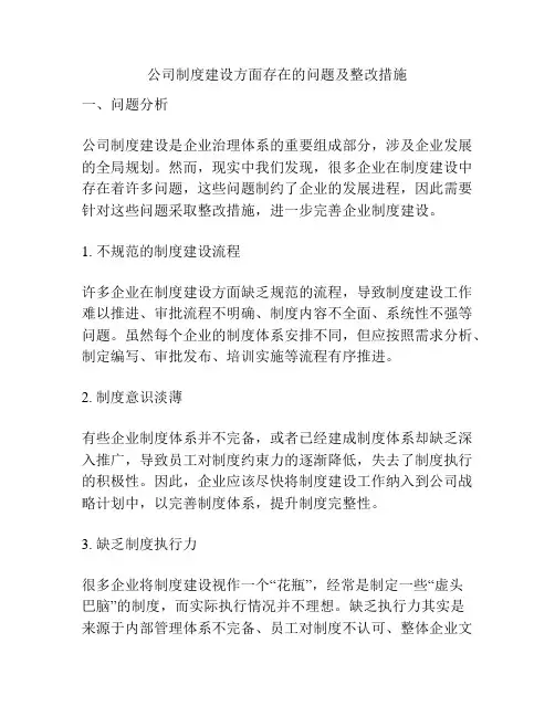 公司制度建设方面存在的问题及整改措施