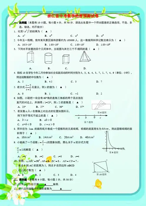 2020年浙江省中考数学绝密预测卷(含答案)