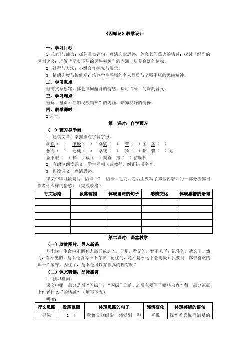 人教版语文必修二《囚绿记》教学设计